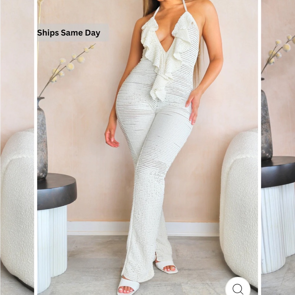Bad Society Club Cream Textured Jumpsuit